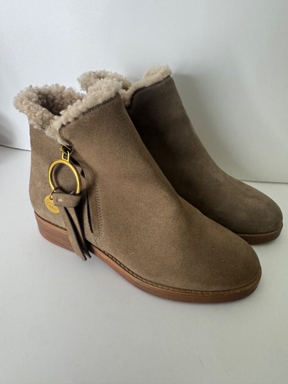 NEW See by Chloe Louise Shearling Louise Ankle Boots Tan Suede EU 35.5 US 5.5